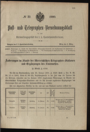 Post- und Telegraphen-Verordnungsblatt für das Verwaltungsgebiet des K.-K. Handelsministeriums 19000305 Seite: 1