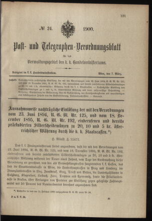 Post- und Telegraphen-Verordnungsblatt für das Verwaltungsgebiet des K.-K. Handelsministeriums 19000307 Seite: 1