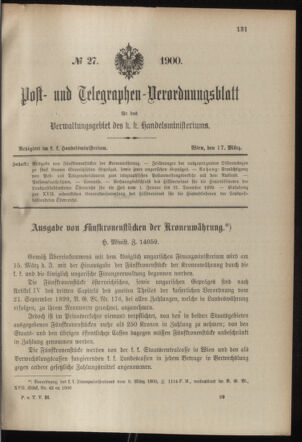 Post- und Telegraphen-Verordnungsblatt für das Verwaltungsgebiet des K.-K. Handelsministeriums 19000317 Seite: 1