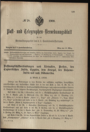 Post- und Telegraphen-Verordnungsblatt für das Verwaltungsgebiet des K.-K. Handelsministeriums 19000319 Seite: 1