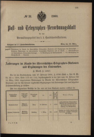 Post- und Telegraphen-Verordnungsblatt für das Verwaltungsgebiet des K.-K. Handelsministeriums 19000330 Seite: 1