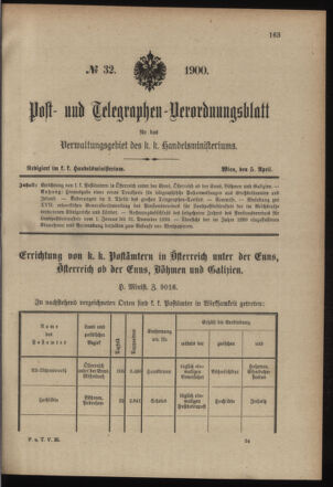 Post- und Telegraphen-Verordnungsblatt für das Verwaltungsgebiet des K.-K. Handelsministeriums 19000405 Seite: 1