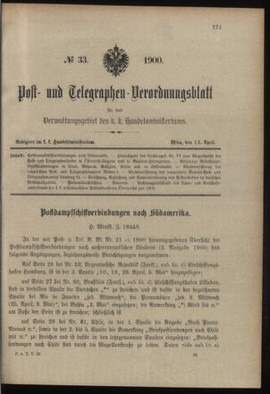 Post- und Telegraphen-Verordnungsblatt für das Verwaltungsgebiet des K.-K. Handelsministeriums 19000413 Seite: 1