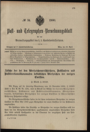 Post- und Telegraphen-Verordnungsblatt für das Verwaltungsgebiet des K.-K. Handelsministeriums 19000420 Seite: 1