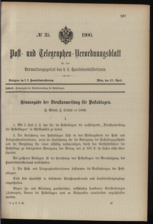 Post- und Telegraphen-Verordnungsblatt für das Verwaltungsgebiet des K.-K. Handelsministeriums 19000421 Seite: 1