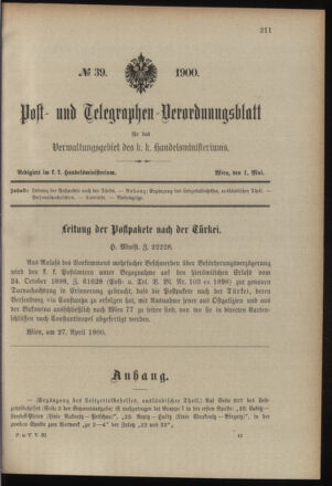 Post- und Telegraphen-Verordnungsblatt für das Verwaltungsgebiet des K.-K. Handelsministeriums 19000501 Seite: 1