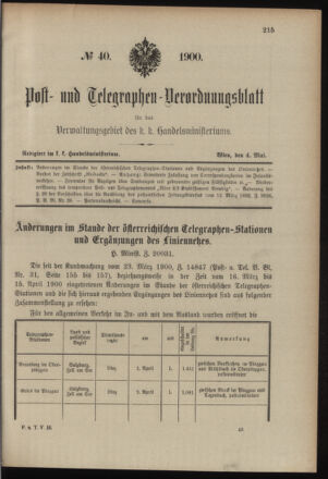 Post- und Telegraphen-Verordnungsblatt für das Verwaltungsgebiet des K.-K. Handelsministeriums 19000504 Seite: 1