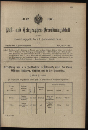 Post- und Telegraphen-Verordnungsblatt für das Verwaltungsgebiet des K.-K. Handelsministeriums 19000516 Seite: 1