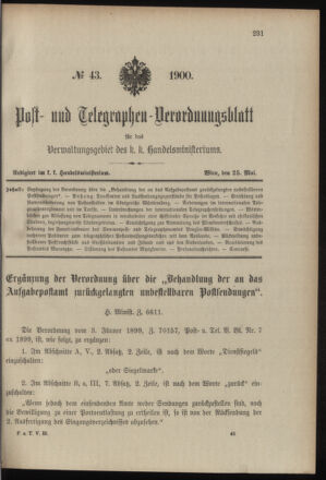 Post- und Telegraphen-Verordnungsblatt für das Verwaltungsgebiet des K.-K. Handelsministeriums