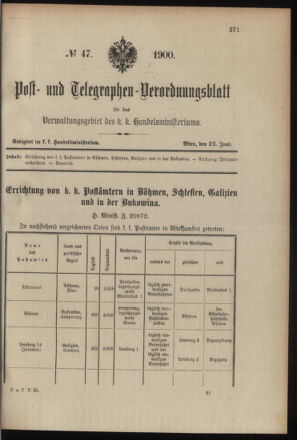 Post- und Telegraphen-Verordnungsblatt für das Verwaltungsgebiet des K.-K. Handelsministeriums 19000623 Seite: 1