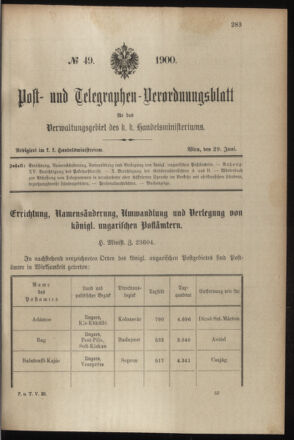 Post- und Telegraphen-Verordnungsblatt für das Verwaltungsgebiet des K.-K. Handelsministeriums 19000629 Seite: 1