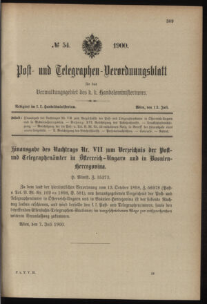 Post- und Telegraphen-Verordnungsblatt für das Verwaltungsgebiet des K.-K. Handelsministeriums 19000713 Seite: 1