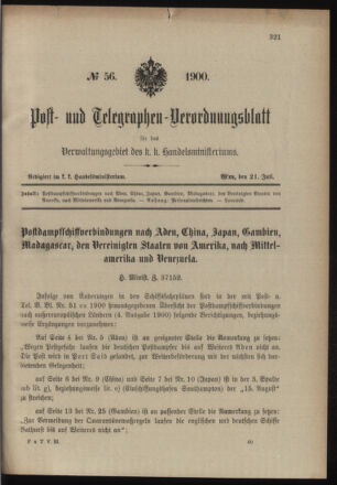 Post- und Telegraphen-Verordnungsblatt für das Verwaltungsgebiet des K.-K. Handelsministeriums 19000721 Seite: 1