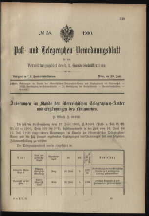 Post- und Telegraphen-Verordnungsblatt für das Verwaltungsgebiet des K.-K. Handelsministeriums 19000730 Seite: 1