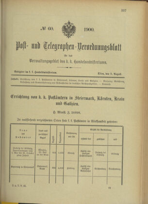 Post- und Telegraphen-Verordnungsblatt für das Verwaltungsgebiet des K.-K. Handelsministeriums 19000809 Seite: 1