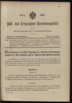 Post- und Telegraphen-Verordnungsblatt für das Verwaltungsgebiet des K.-K. Handelsministeriums 19000820 Seite: 1