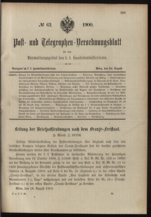 Post- und Telegraphen-Verordnungsblatt für das Verwaltungsgebiet des K.-K. Handelsministeriums 19000824 Seite: 1