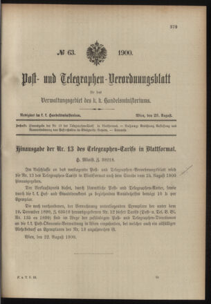 Post- und Telegraphen-Verordnungsblatt für das Verwaltungsgebiet des K.-K. Handelsministeriums 19000829 Seite: 1