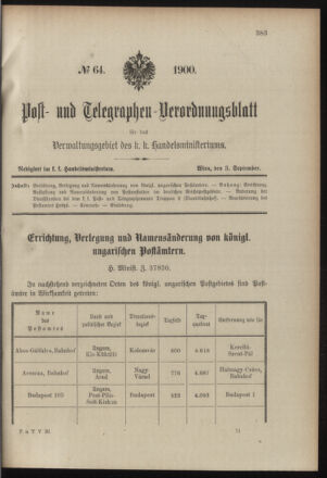 Post- und Telegraphen-Verordnungsblatt für das Verwaltungsgebiet des K.-K. Handelsministeriums 19000903 Seite: 1