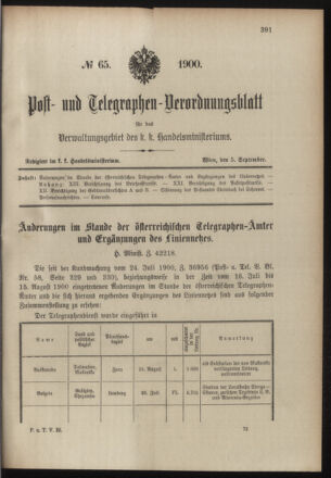 Post- und Telegraphen-Verordnungsblatt für das Verwaltungsgebiet des K.-K. Handelsministeriums 19000905 Seite: 1