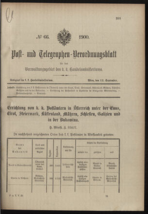 Post- und Telegraphen-Verordnungsblatt für das Verwaltungsgebiet des K.-K. Handelsministeriums 19000912 Seite: 1