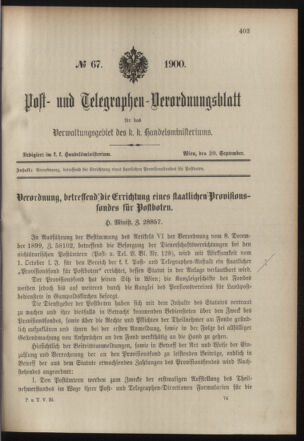 Post- und Telegraphen-Verordnungsblatt für das Verwaltungsgebiet des K.-K. Handelsministeriums 19000920 Seite: 1