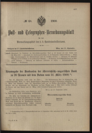 Post- und Telegraphen-Verordnungsblatt für das Verwaltungsgebiet des K.-K. Handelsministeriums 19000921 Seite: 1