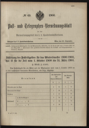 Post- und Telegraphen-Verordnungsblatt für das Verwaltungsgebiet des K.-K. Handelsministeriums 19000925 Seite: 1