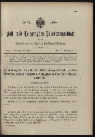 Post- und Telegraphen-Verordnungsblatt für das Verwaltungsgebiet des K.-K. Handelsministeriums 19000927 Seite: 1