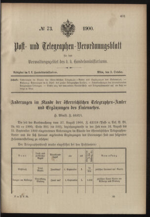 Post- und Telegraphen-Verordnungsblatt für das Verwaltungsgebiet des K.-K. Handelsministeriums 19001003 Seite: 1