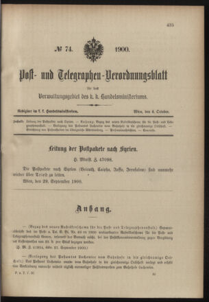 Post- und Telegraphen-Verordnungsblatt für das Verwaltungsgebiet des K.-K. Handelsministeriums 19001004 Seite: 1