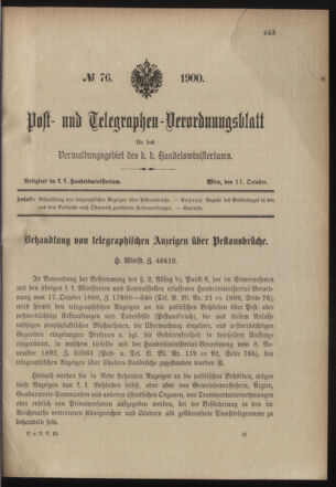 Post- und Telegraphen-Verordnungsblatt für das Verwaltungsgebiet des K.-K. Handelsministeriums