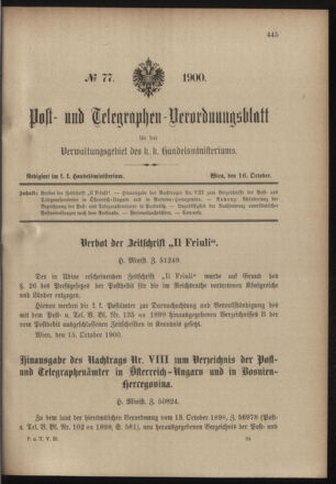 Post- und Telegraphen-Verordnungsblatt für das Verwaltungsgebiet des K.-K. Handelsministeriums 19001016 Seite: 1