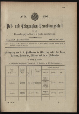 Post- und Telegraphen-Verordnungsblatt für das Verwaltungsgebiet des K.-K. Handelsministeriums 19001018 Seite: 1