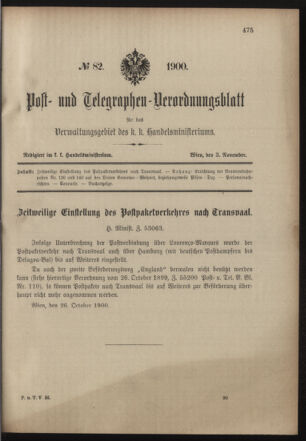 Post- und Telegraphen-Verordnungsblatt für das Verwaltungsgebiet des K.-K. Handelsministeriums 19001103 Seite: 1