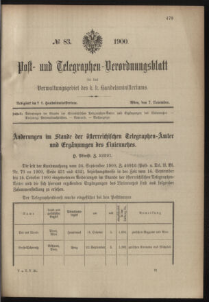 Post- und Telegraphen-Verordnungsblatt für das Verwaltungsgebiet des K.-K. Handelsministeriums 19001107 Seite: 1