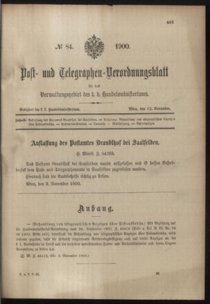 Post- und Telegraphen-Verordnungsblatt für das Verwaltungsgebiet des K.-K. Handelsministeriums 19001113 Seite: 1