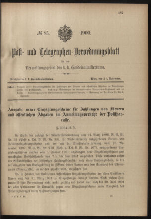 Post- und Telegraphen-Verordnungsblatt für das Verwaltungsgebiet des K.-K. Handelsministeriums 19001121 Seite: 1