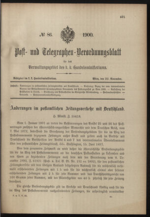 Post- und Telegraphen-Verordnungsblatt für das Verwaltungsgebiet des K.-K. Handelsministeriums 19001122 Seite: 1