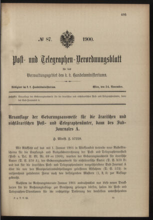 Post- und Telegraphen-Verordnungsblatt für das Verwaltungsgebiet des K.-K. Handelsministeriums 19001124 Seite: 1