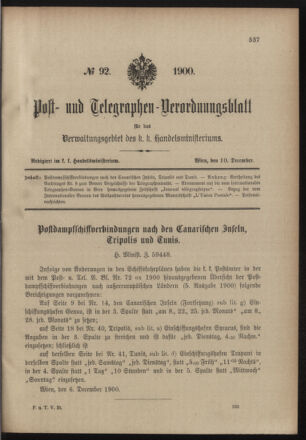 Post- und Telegraphen-Verordnungsblatt für das Verwaltungsgebiet des K.-K. Handelsministeriums 19001210 Seite: 1