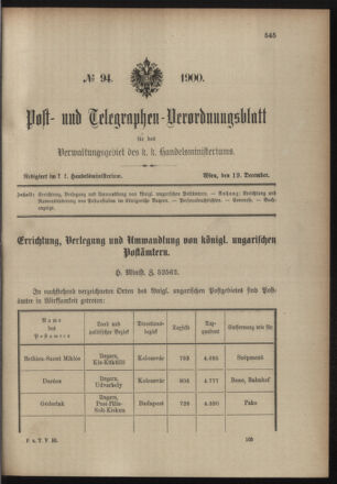 Post- und Telegraphen-Verordnungsblatt für das Verwaltungsgebiet des K.-K. Handelsministeriums 19001219 Seite: 1