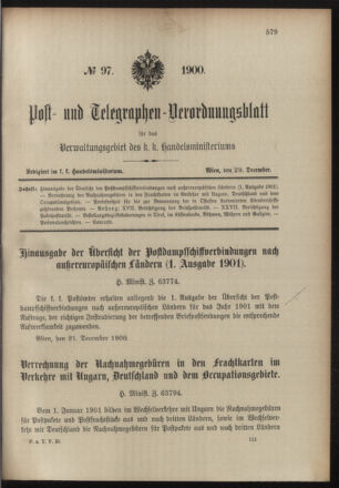 Post- und Telegraphen-Verordnungsblatt für das Verwaltungsgebiet des K.-K. Handelsministeriums 19001229 Seite: 1