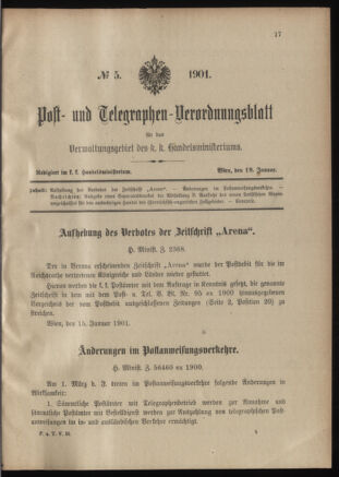 Post- und Telegraphen-Verordnungsblatt für das Verwaltungsgebiet des K.-K. Handelsministeriums 19010118 Seite: 1