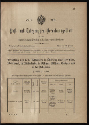 Post- und Telegraphen-Verordnungsblatt für das Verwaltungsgebiet des K.-K. Handelsministeriums 19010126 Seite: 1