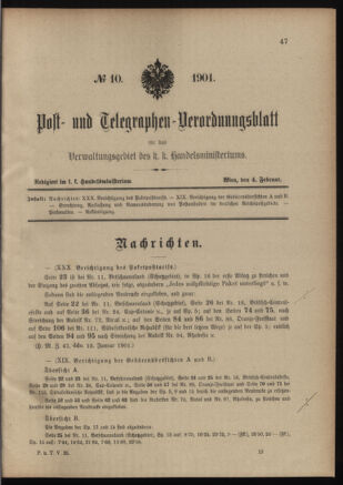 Post- und Telegraphen-Verordnungsblatt für das Verwaltungsgebiet des K.-K. Handelsministeriums 19010204 Seite: 1