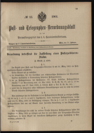 Post- und Telegraphen-Verordnungsblatt für das Verwaltungsgebiet des K.-K. Handelsministeriums 19010211 Seite: 1