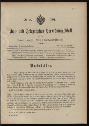 Post- und Telegraphen-Verordnungsblatt für das Verwaltungsgebiet des K.-K. Handelsministeriums 19010213 Seite: 1