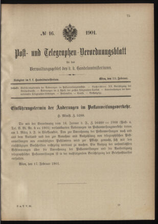 Post- und Telegraphen-Verordnungsblatt für das Verwaltungsgebiet des K.-K. Handelsministeriums 19010219 Seite: 1