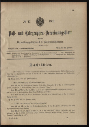 Post- und Telegraphen-Verordnungsblatt für das Verwaltungsgebiet des K.-K. Handelsministeriums 19010221 Seite: 1